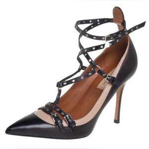 Valentino Garavani women’s black leather love latch Eyelet pumps heels shoes 9.5